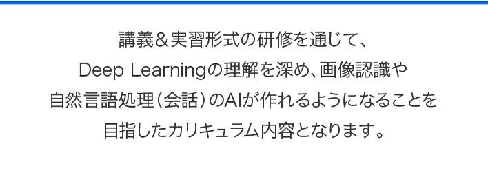 画像認識や自然言語処理（会話）のAIが作れるようになることを目指したカリキュラム内容となります。